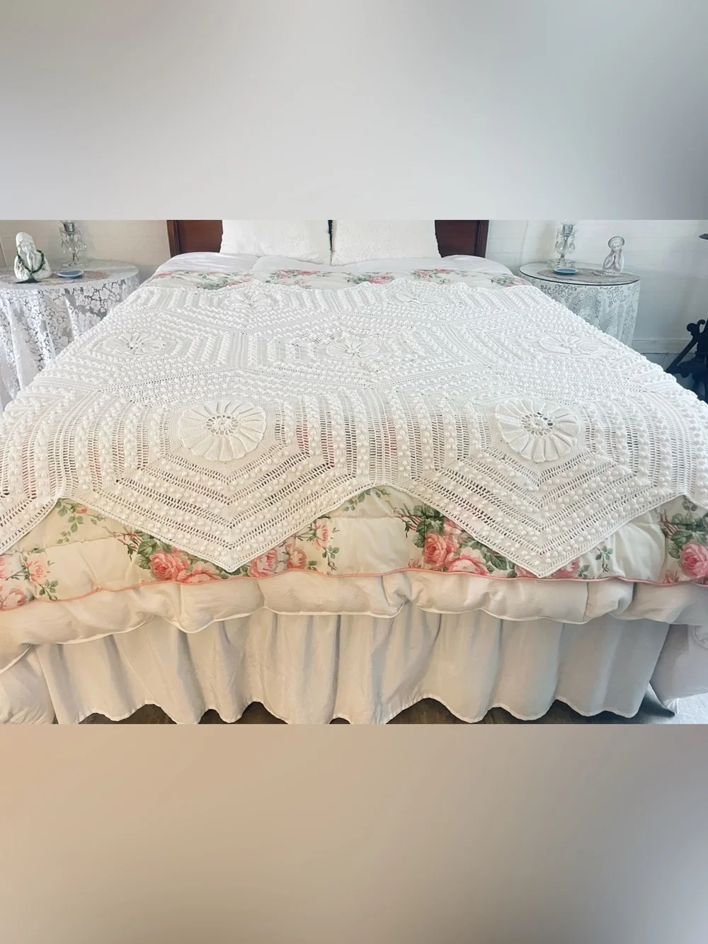Vintage Afghan Crochet Popcorn Raised Floral White Cotton Handmade 52x104